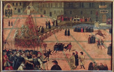 Jerome Savonarolen teloitus Firenzessä 1498 - Girolamo Savonarolan teloitus Piazza della Signorialla Firenzessä vuonna 1498 - Anonyymi. Öljy puulle tekijältä Unknown artist