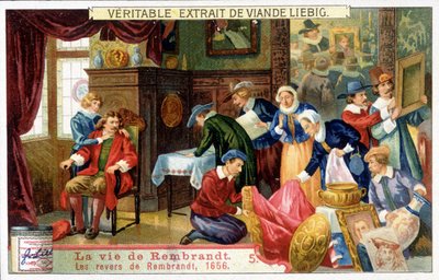 Liebig-kromolitografia hollantilaisen taidemaalarin Rembrandtin (1606 - 1669) elämästä. Tämä on Rembrandtin takaisku vuonna 1656. tekijältä Unknown artist