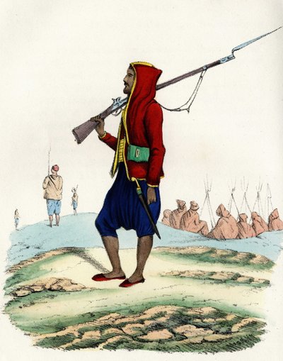Emir Abd-el-Kaderin kevyt jalkaväki, Ranskan Afrikan armeijan vastarintaa Algerin retkikunnan aikana vuonna 1830. In”” Storia d