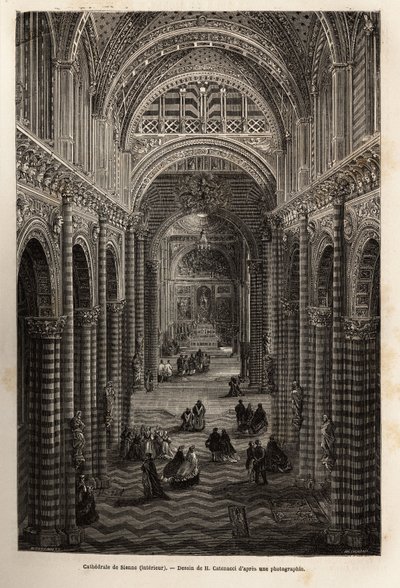 Sienan katedraalin sisustus, kaiverrus havainnollistamaan matkaa Sienaan (Italia) vuonna 1865 Edouard Chartonin johdolla julkaistussa "Le tour du monde, nouveau journal des voyages" -julkaisussa tekijältä Unknown artist