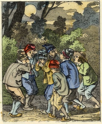 Pikku Poucet ja hänen veljensä eksyneet metsään. Kuva Charles Perraultin tarinasta "" Le Petit Poucet". tekijältä Unknown artist