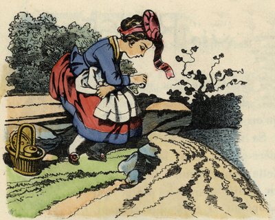 Punahilkka lepää matkalla. Kuvitus Charles Perraultin tarinasta "Punahilkka". tekijältä Unknown artist