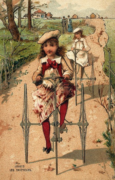 Pikkutytöt ajamassa kolmipyöräisiä. Kromolitografia noin 1890. tekijältä Unknown artist