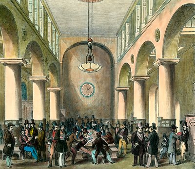 Lontoon pörssi: Pörssi Lontoossa 1800-luvulla. Kaiverrus. Yksityinen kokoelma. tekijältä Unknown artist