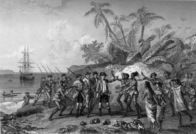 Louis Antoine Comte de Bougainville, ranskalainen merenkulkija (1729-1811), lähestyy Markiisisaarten saarta Tahitilla, 6. huhtikuuta tekijältä Unknown artist
