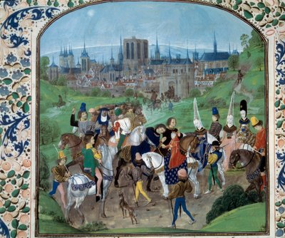 Ludvig II Anjou ja Yolande Aragonia tervehtivät sitä, josta tulee heidän vävynsä, sitten Kaarle VII. Taustalla; Pariisin kaupunki. Miniatyyri Jean Froissartin "" Chronicles" -sarjassa (Folio 321v) tekijältä Unknown artist