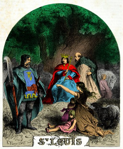 Ludvig IX (Pyhä Ludvig 1214-1270) toteuttamassa oikeutta tammen alla, Kaiverrus 1800-luku tekijältä Unknown artist