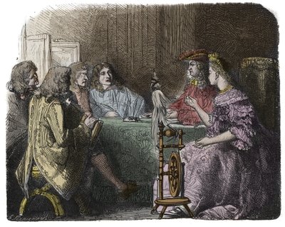 Ludvig XIV käy kauppaa ministeriensä kanssa Madame de Maintenonin asunnoissa (kaiverrus) tekijältä Unknown artist