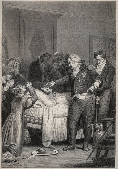 Ludvig XVIII Berryn herttuan kuolinvuoteella - Berryn herttuan viimeiset hetket 13. helmikuuta 1820 (1778 - 1820) Pariisin oopperassa Louis XVIII:n ja kuninkaallisen perheen ympäröimänä - kaiverrus kirjaan "Histoire de France narrate to my lapsenlapset” tekijältä Unknown artist