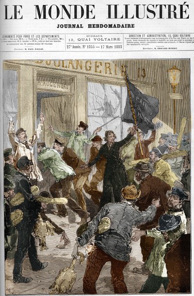 Louise Michel (1833-1905), ranskalainen vallankumouksellinen, heiluttaen mustaa lippua, johon on kirjoitettu "leipä tai kuolema", leipomon ryöstön aikana työläisten mielenosoituksen aikana 9. maaliskuuta 1883 Pariisissa. tekijältä Unknown artist