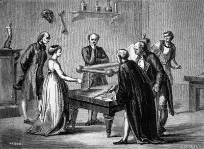 Luigi Galvani, Bolognan professori, löysi vuonna 1780 sammakkolihasten ärtyisyyden sähkön vaikutuksesta. Kaiverrus 1800-luvulta. tekijältä Unknown artist