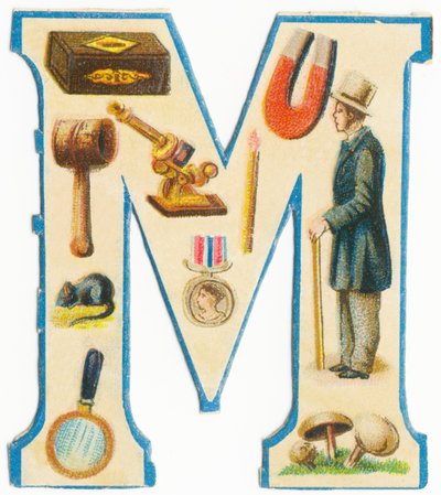 M: tulitikku, magneetti, nuija, mikroskooppi, hiiri, mitali, mies, suurennuslasi, sienet (väri litho) tekijältä Unknown artist