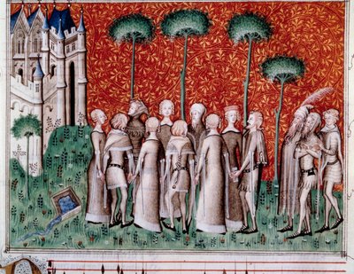 Machaut löytää naisensa. Miniatyyri kappaleesta "Remede de Fortune" (Folio 51), kirjoittanut Guillaume de Machaut (v. 1300-1377), noin 1350-1355. tekijältä Unknown artist