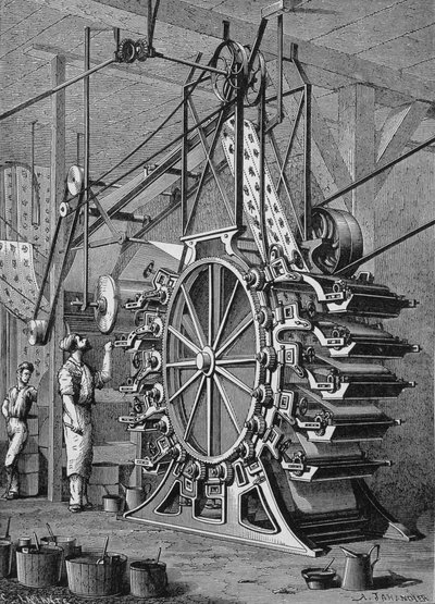 Kone tapettien painamiseen 10 värissä, kaiverrus 1800-luvulta. tekijältä Unknown artist