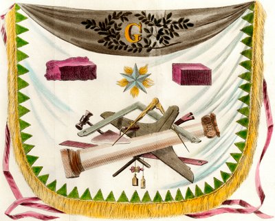 Macon frangin esiliina, joka kuvaa esiliinaa, joka koristaa vapaan auringon symboleja. Kaiverrus 1800-luvulta Yksityinen kokoelma tekijältä Unknown artist