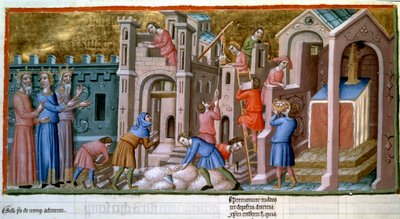 Maconeja, kiven leikkaajia ja työntekijöitä 1300-luvun pienoiskylän "Psalter of Canterburyn" rakennustyömaalla. B.N. Pariisi tekijältä Unknown artist