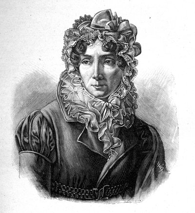 Madame de Genlis - Stéphanien muotokuva onnittelee Saint Aubinin (Saint-Aubin) (1746-1830), Genlisin kreivitär, ranskalaisen kirjeen naisen harjaa. tekijältä Unknown artist