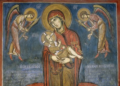 Madonna lapsen kanssa arkkienkelien välissä, fresko (1192), Panagia Tou Araka -kirkko (herneen neitsytkirkko) (Unescon maailmanperintölista, 2001), Lagoudera, Troodosvuoret, Kypros tekijältä Unknown artist