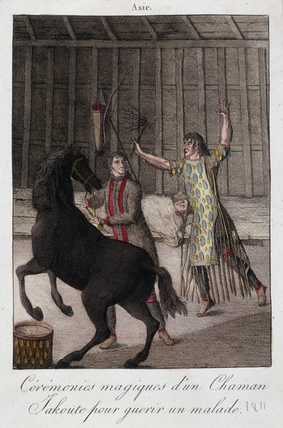 Shamaani Yakoute (Yakoute) maaginen seremonia sairaan parantamiseksi (Siperia) - kaiverrus, deb. 1800-luvulla tekijältä Unknown artist
