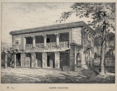 Maison Byzantine (Byzantine House) (kaiverrus vuodelta 1889 kirjassa "Ihmisasumisen historia vuoden 1889 yleisnäyttelyssä, Charles GARNIER - Librairie centrale des beaux-arts Paris 1889" tekijältä Unknown artist