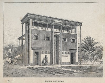 Egyptiläinen talo (egyptiläinen talo) - kaiverrus vuodelta 1889 Charles GARNIERin teokseen "Ihmisasumisen historia vuoden 1889 yleisnäyttelyssä - Librairie centrale des beaux-arts Paris 1889" tekijältä Unknown artist