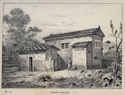 Maison Grecque (Kreikkalainen talo) - kaiverrus vuodelta 1889 Charles GARNIERin julkaisussa "Ihmisasumisen historia vuoden 1889 yleisnäyttelyssä - Librairie centrale des beaux-arts Paris 1889" tekijältä Unknown artist
