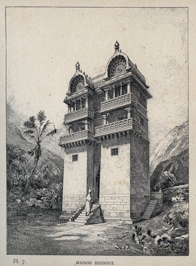 Maison Hindu (Hindu-talo) - kaiverrus vuodelta 1889 Charles GARNIERin julkaisussa "Ihmisasumisen historia vuoden 1889 yleisnäyttelyssä - Librairie centrale des beaux-arts Paris 1889" tekijältä Unknown artist