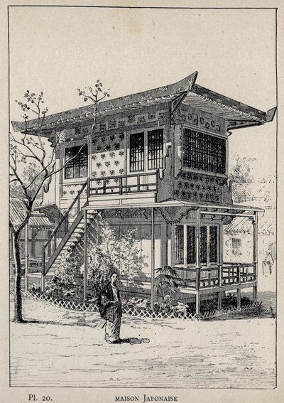 Japanilainen talo (japanilainen talo) - kaiverrus vuodelta 1889 Charles GARNIERin julkaisussa "Ihmisasumisen historia vuoden 1889 yleisnäyttelyssä - Librairie centrale des beaux-arts Paris 1889" tekijältä Unknown artist