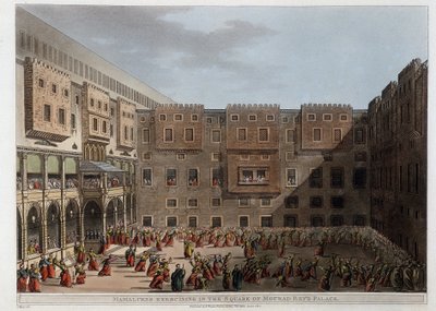Mamelukit harjoittelemassa Palace Mourad Beyn pihalla - "Näkymiä Egyptissä, Palestiinassa ja muualla Ottomaanien valtakunnassa" tekijältä Unknown artist