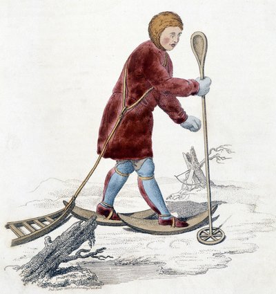 Ostiak-heimon (hanti tai khante) mies (Paleosiberian metsästäjäheimo perustettu Obin laakson keskialueen metsäalueelle) metsästää hermeliä. Kuvitus vuodelta 1803. tekijältä Unknown artist