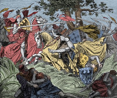 Manfred kuoli taistelussa - Beneventin taistelu (26. helmikuuta 1266): Manfred I:n (Hohenstaufenin) kuolema tekijältä Unknown artist