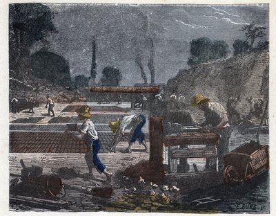 Tiilen valmistus 1800-luvulla: muottityöntekijä täyttää muottinsa savitahnalla, sitten oppipoika laittaa tiilen lattialle kuivumaan. Kaiverrus 1800-luvun lopulla. tekijältä Unknown artist