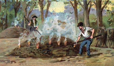 Puuhiilen, polttouunien valmistus. 1800-luvun lopun kromolitografia tekijältä Unknown artist