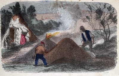 Hiilen valmistus 1800-luvulla: kivihiilentekijät puusta ja savesta koostuvien myllynkivien edessä, jotka sytyttivät tuleen. Kaiverrus 1800-luvun lopulla. tekijältä Unknown artist