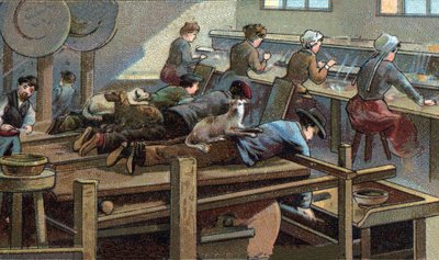 Veitsien valmistus, muovauspaja. 1800-luvun lopun kromolitografia tekijältä Unknown artist