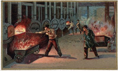 Valaistuskaasun valmistus: cornun lastaus. 1800-luvun lopun kromolitografia tekijältä Unknown artist