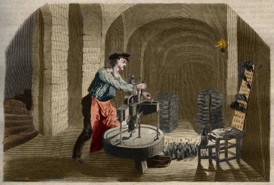 Samppanjakuohuviinin valmistus: kellarissa käytettävä pullotuskone. Kaiverrus vuodelta 1858 "" Le Musee Des Sciences -kirjassa" tekijältä Unknown artist