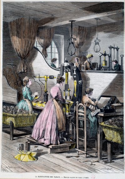 Tupakan valmistus, tupakointitupakan pakkaaminen. Litografia vuodelta 1867 Pariisi, Musee Carnavalet tekijältä Unknown artist