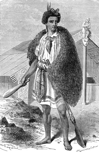 Maori-kokki AUCKLANDin läheisyydessä, Uudessa-Seelannissa. Kaiverrus 1885 tekijältä Unknown artist