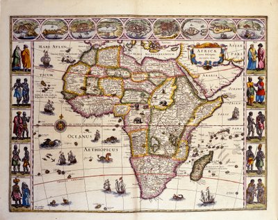 Afrikan kartta William Blaeun atlasista. Huipulla ovat kaupungit Tanger, Ceuta, Alger, Tunis, Aleksandria, Alcair, Mosambik, Saint Georges de la Mina ja Kanariansaaret. Useat saaret ovat edustettuina myös Afrikan edustalla, Mascareignes-saaret, Mada tekijältä Unknown artist