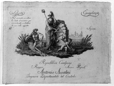 Napoleon Bonaparten 27.6.1797 luoma kartta Sisalpiinien tasavallasta (Cisalpina) ranskalaisen mallin mukaan Italiassa, josta tuli Italian tasavalta vuonna 1802. Siinä on kirjattu Ranskan tasavallan arvot (Liberte, Egalite). Kaiverrus Museo del ris tekijältä Unknown artist