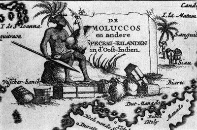 Kartta Itä-Indonesian Moluccan saaristosta. Maantieteellinen kartta otettu Pierre Vandierin "Maps des Itineraires et voyages modernes" -julkaisusta. 17. vuosisata tekijältä Unknown artist
