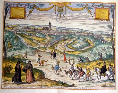 Sevillan kaupungin kartta vuodelta 1590. Kuvan oikeassa alakulmassa kylän asukkaat pilkkaavat aasin selässä olevaa kynsilevää. tekijältä Unknown artist