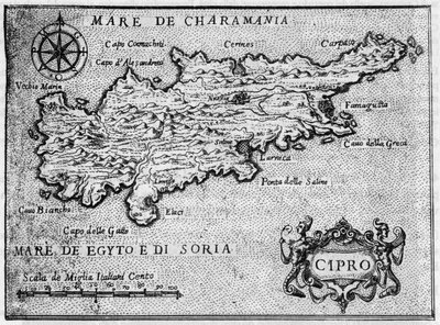 Kartta Kyproksen saaresta (Kypros) vuonna 1587 "" Jerusalemin omistautunein matka "". tekijältä Unknown artist