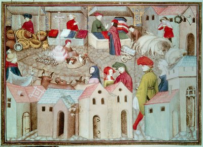 Marche de Champeaux Pariisissa Betail ja siipikarjakauppiaat, verhot. Miniatyyri otettu Thomas de Salucesin (Tommaso III di Saluzzo) "Vaeltavasta ritarista" noin 1403-1404. Paris, B.N. tekijältä Unknown artist