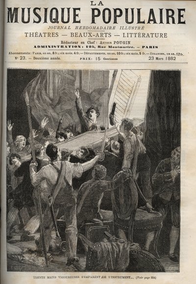 Marie-Antoinetten cembalo Histoire de 1834 "" Kolmekymmentä voimakasta kättä tarttuu soittimeen..."" oikealla kuningattaren virittimen kauhistuneiden silmien alla. tekijältä Unknown artist