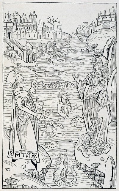 Merieläimet ja hirviöt - "" Hortus Sanitatis" -luvun "" De Piscibus"" otsikkosivu, Mainzin vuoden painos tekijältä Unknown artist