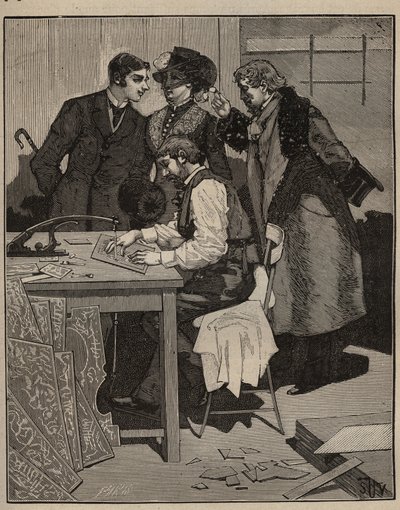 Marquetry: intarsialla on työtä. Kaiverrus vuodelta 1885 kirjassa "Les arts et metiers illustres", kirjoittanut Adolphe BITARD. tekijältä Unknown artist