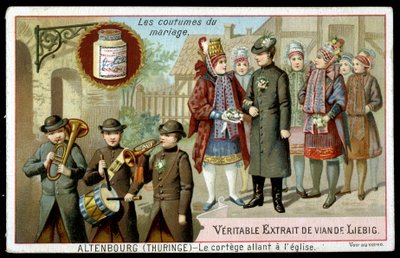 Avioliittotapa: kulkue Altenburgin (Thuringia) kirkkoon - kromo. Liebig, v. 1895 tekijältä Unknown artist