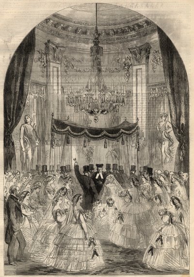 Paroni Alphonse de Rothschildin (1827-1905) ja Leonora de Rotschildin (1837-1911) avioliitto. Maria oppi heittämään juoman lattialle, juutalaisen avioliiton viimeinen vaihe, jota kutsutaan "särjetyksi lasiksi". Kaiverrus maaliskuun ""The Illustrated London tekijältä Unknown artist
